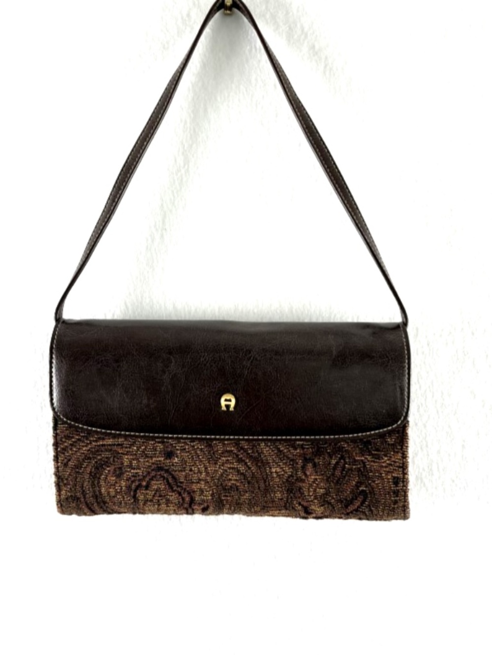 Vintage Etienne Aigner Brown Leather Paisley Jacquard Shoulder Bag Clutch